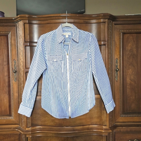 Michael Kors stripe, zip front top/shirt.  Blue and white. Size small. - Picture 2 of 16